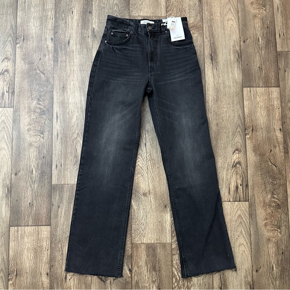 Pull&Bear Straight Leg Jeans Y2K High Rise Raw Hem Full Length Size 4 Black